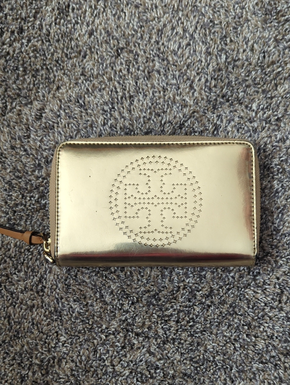 Tory Burch Metallic Gold Zip-Around Wallet with Perforated Logo